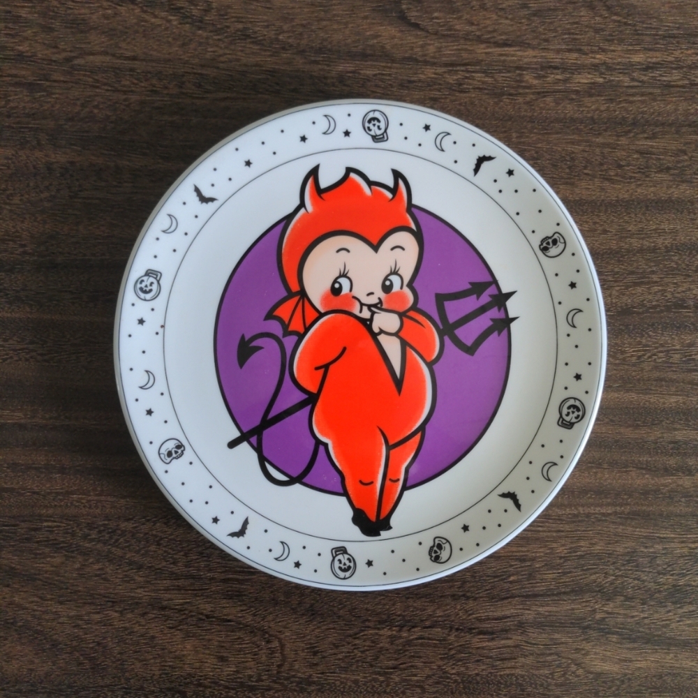 Sourpuss Cupie Devil Cute Decorative Halloween Plate Vintage Tattoo Pumpkin Bats